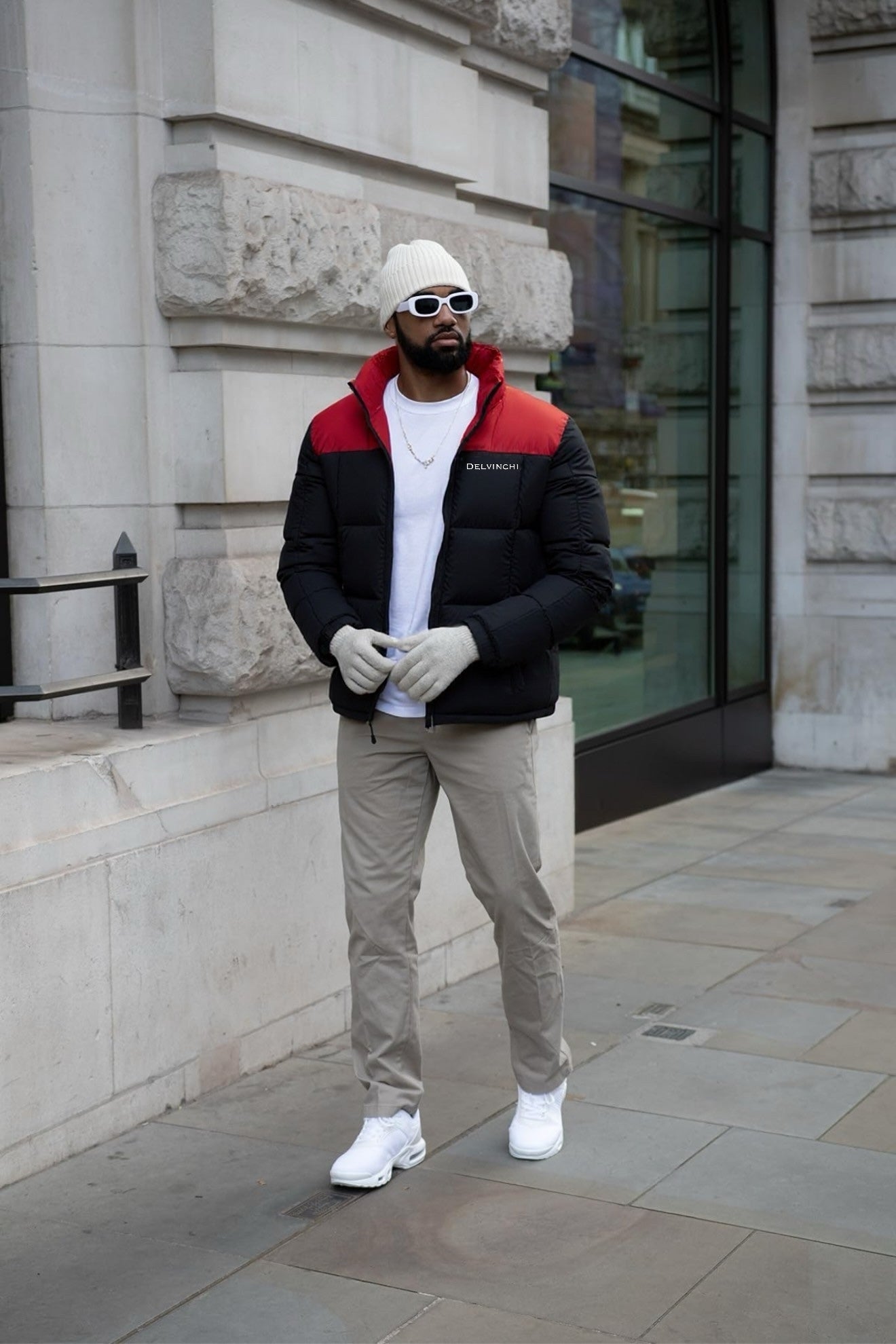 Black & Red Hoodless Puffer Coat
