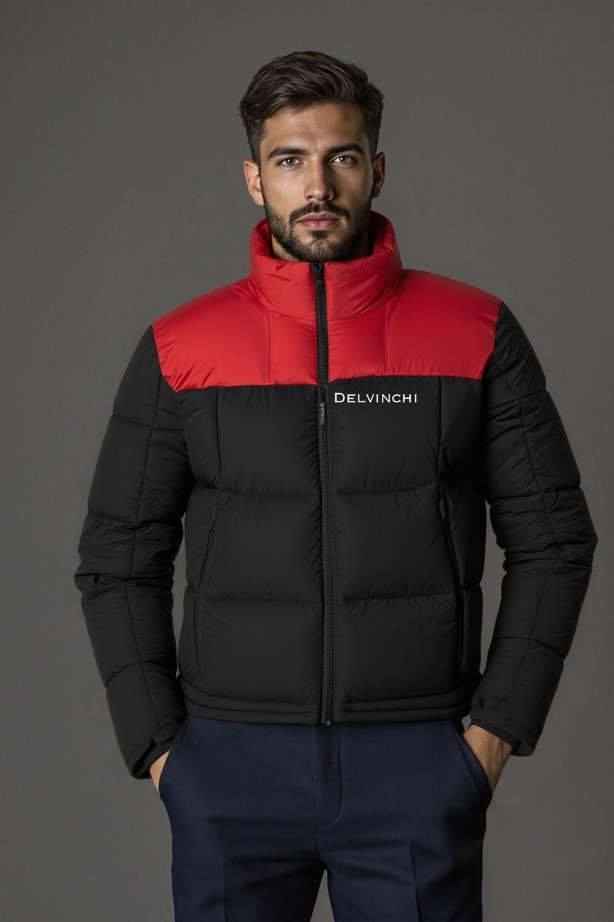 Black & Red Hoodless Puffer Coat